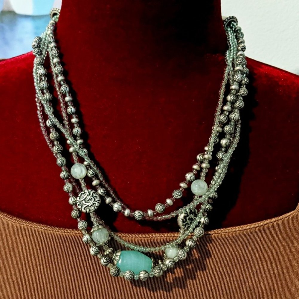 Premier Designs 5-Strand Mixed Bead Necklace - Vintage - Silver & Green Tones